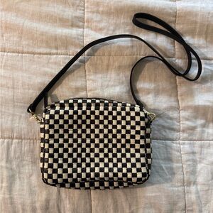 Clare V Black and Cream Check Woven Leather Midi Sac Crossbody Bag